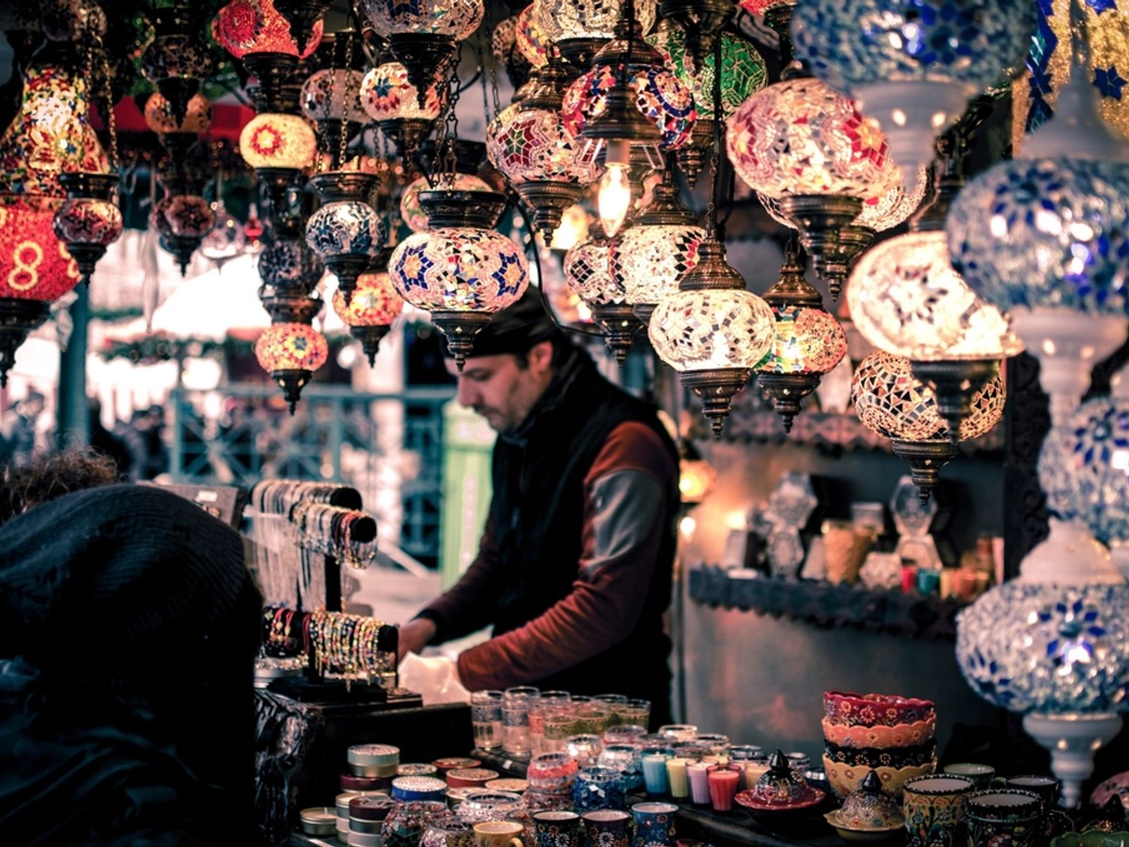 A colorful Moroccan lantern glowing in a tucked-away corner of Zellige